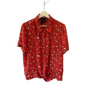 W5 Leopard Print Blouse Red Short Sleeve Button Front Twist Hem Size Large